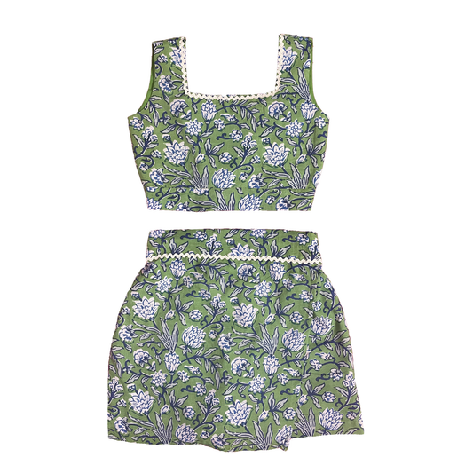 Green Floral Cotton Two Piece Set